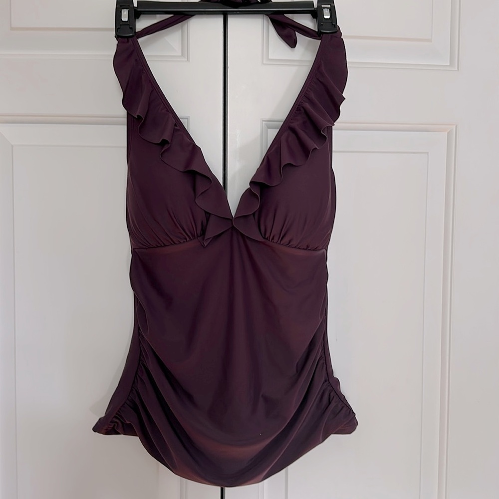 Ellen Tracy Tankini Top Purple Ruffle Halter Swimsuit Women's Size 8